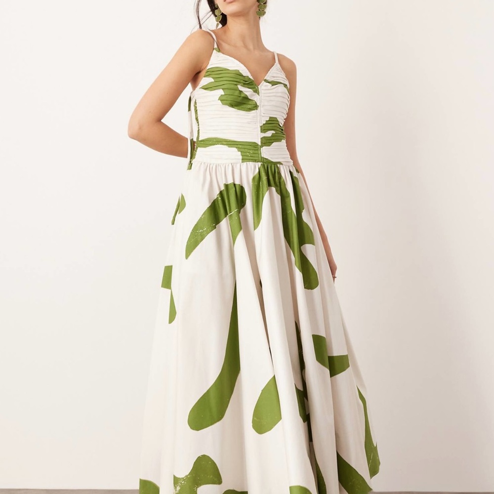 Ruched bodice drop waist midi dress with abstract print